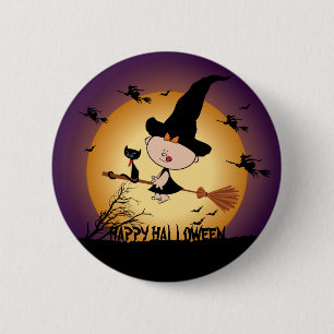 Badge Rond 5 Cm Sorcière d'Halloween sur le bouton Broomstick