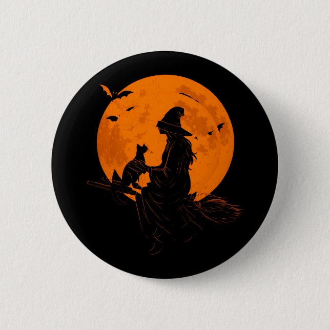 Badge Rond 5 Cm Sorcière et chat mignon, chaton noir pour Hallowee (Devant)