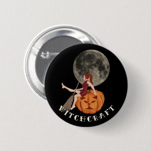 Badge Rond 5 Cm Sorcière et citrouille. Chariot pour Halloween