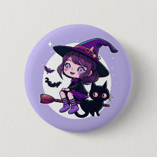 Badge Rond 5 Cm Sorcière mignonne avec une chambre Chat Noir Chat 
