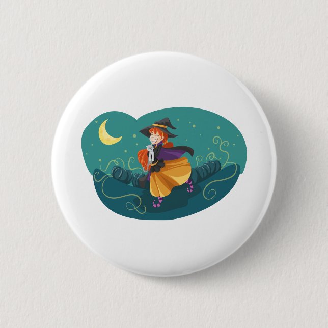 Badge Rond 5 Cm Sorcière mignonne Chat adorable Ami Lune (Devant)