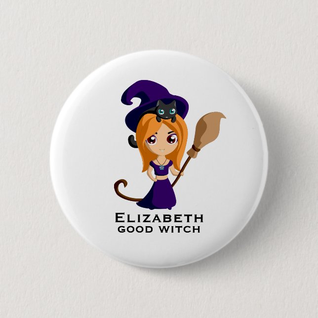 Badge Rond 5 Cm Sorcière mignonne en Casquette violet Halloween (Devant)