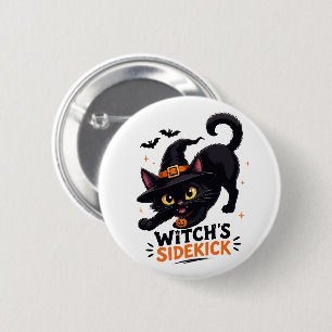Badge Rond 5 Cm Sorcière Mignonne et son Chat Noir Compagnon Hallo
