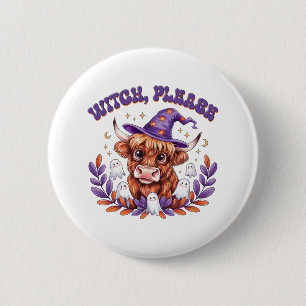 Badge Rond 5 Cm Sorcière S'Il Vous Plaît Highland Vache Halloween