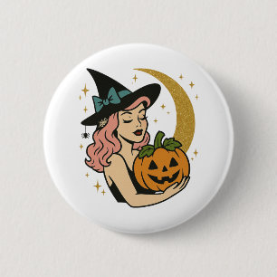 Badge Rond 5 Cm Sorcière Vintage avec Citrouille Halloween