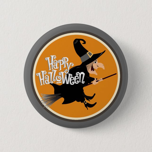 Badge Rond 5 Cm Sorcière volante sur Broom Halloween (Devant)