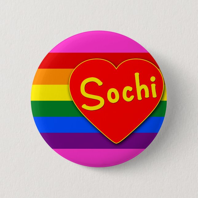 Badge Rond 5 Cm Sotchi avec l'arc-en-ciel de drapeau de coeur et (Devant)
