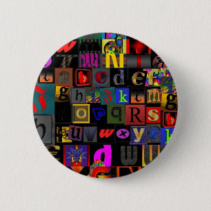 Badge Rond 5 Cm Soupe Alphabet, lettres mosaïque design, colorfu a