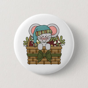 Badge Rond 5 Cm Souris de Noël dans le panier