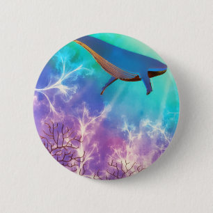 Badge Rond 5 Cm Sous la mer Bleu Baleine Océan Aquarelle