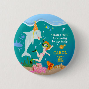 Badge Rond 5 Cm Sous la mer dauphins et fête d'anniversaire fille
