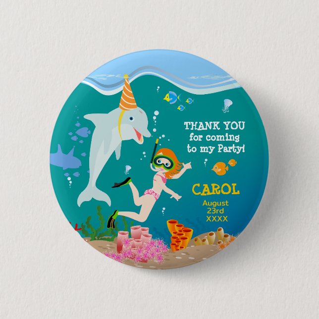 Badge Rond 5 Cm Sous la mer dauphins et fête d'anniversaire fille (Devant)