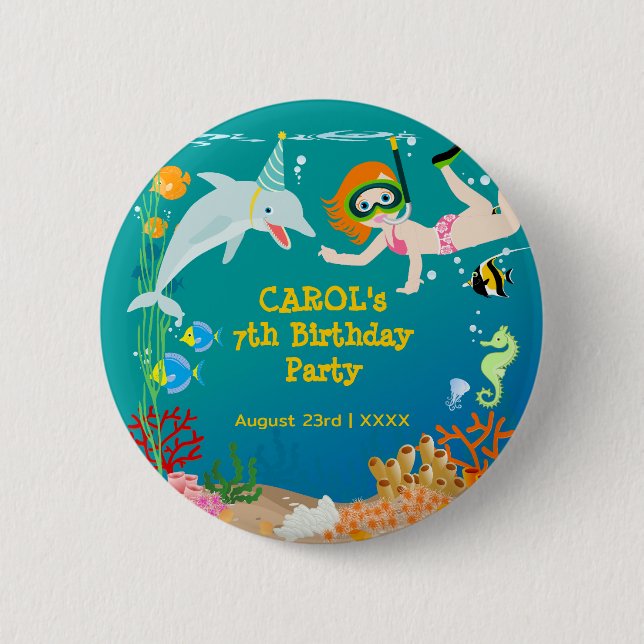 Badge Rond 5 Cm Sous la mer dauphins et fête d'anniversaire fille (Devant)