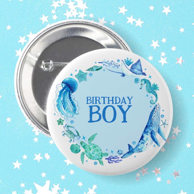 Badge Rond 5 Cm Sous l'aquarelle de mer Baleine Anniversaire garço (Under the Sea Watercolor Whale Birthday Boy Button)