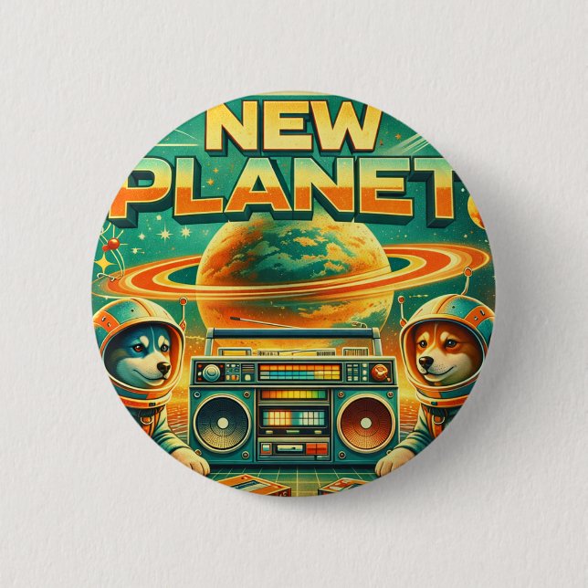 BADGE ROND 5 CM SPACE DOGS RADIO -  NEW PLANET LOGO26 (Devant)