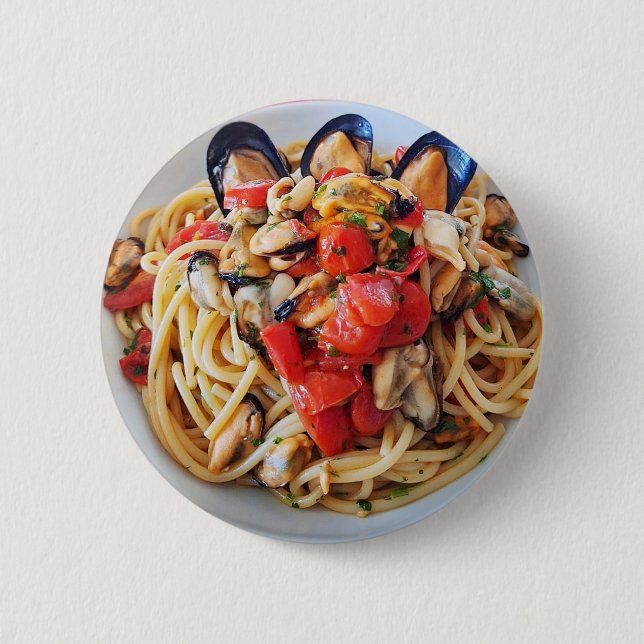 Badge Rond 5 Cm Spaghetti avec moules et tomates cerises (Devant)