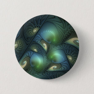 Badge Rond 5 Cm Spirales Vert sarcelle Beige Art Fractal Abstrait
