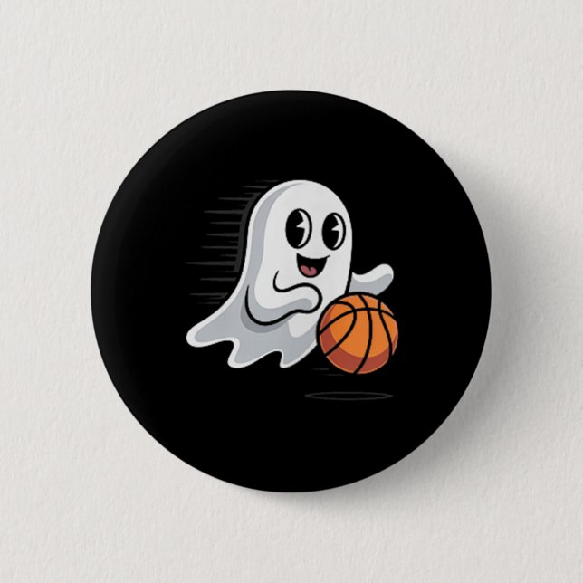 Badge Rond 5 Cm Spooky Ghost Playing Basketball Retro Halloween Co (Devant)
