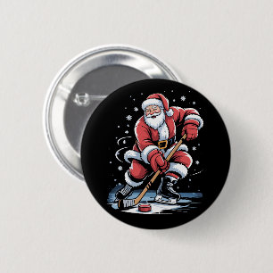 Badge Rond 5 Cm Sports de Noël Le Père Noël Joue au Hockey sur Gla