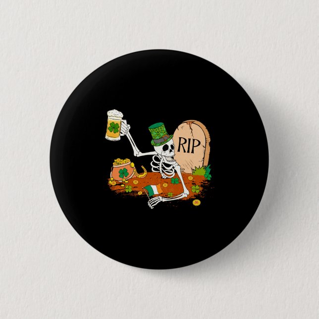 Badge Rond 5 Cm Squelette buvant de la bière Saint-Patrick Leprech (Devant)