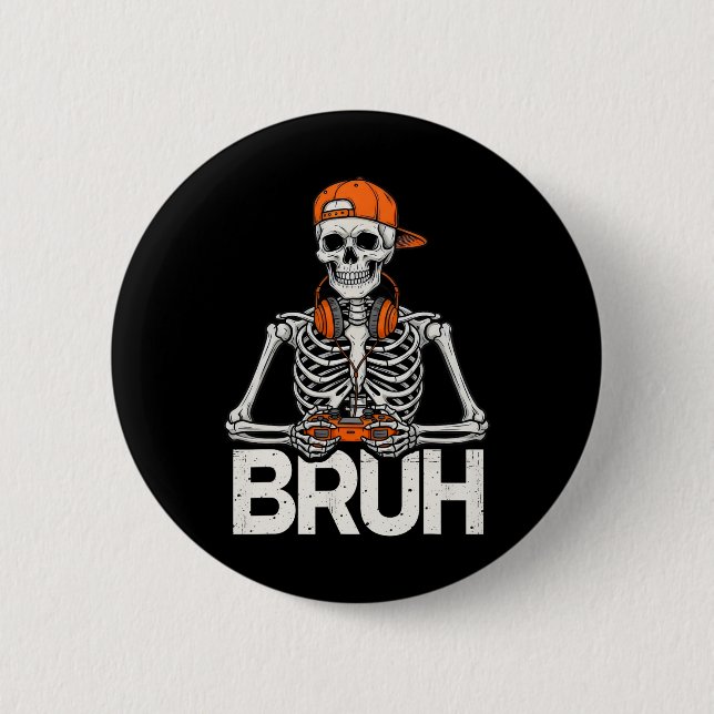 Badge Rond 5 Cm Squelette de gamer Bruh Halloween Manette de jeu v (Devant)