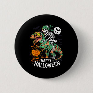 Badge Rond 5 Cm Squelette d'Halloween à cheval sur une momie T Rex