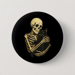 Badge Rond 5 Cm Squelette étreignant un chat noir Halloween drôle