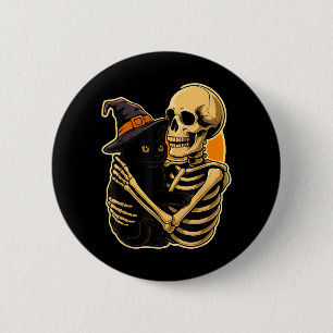 Badge Rond 5 Cm Squelette étreignant un chat noir Halloween sorciè