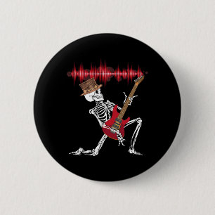 Badge Rond 5 Cm Squelette Jouer Guitare Electrique Drôle Halloween