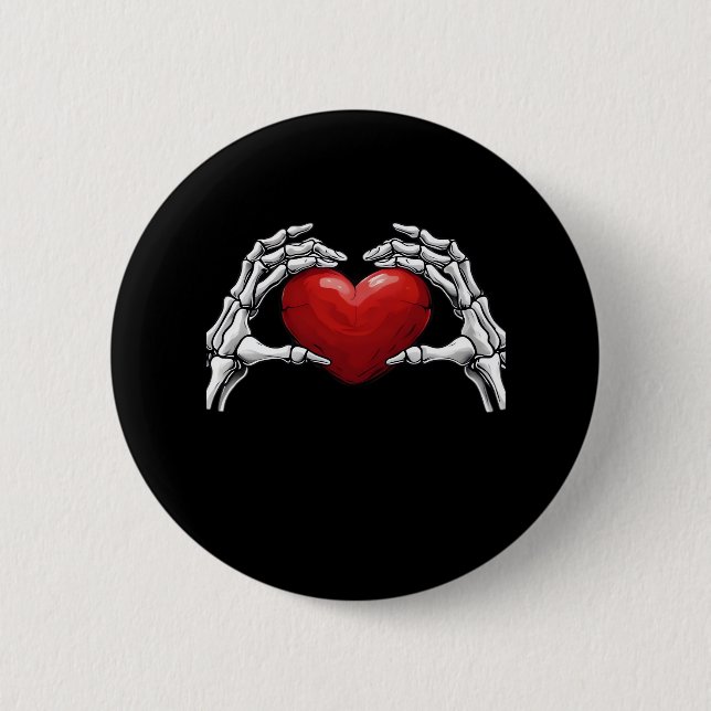 Badge Rond 5 Cm Squelette Mains Tenant Un Coeur Rouge Design Class (Devant)