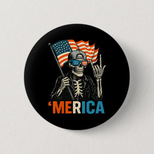 Badge Rond 5 Cm Squelette Merica Rock Drapeau Américain Patriotiqu