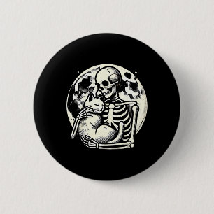 Badge Rond 5 Cm Squelette tenant Chat Crâne Éffrayant Halloween Go