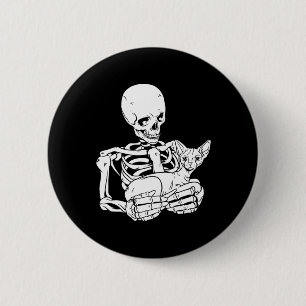 Badge Rond 5 Cm Squelette tenant Chat Drôle Halloween Sphynx crâne
