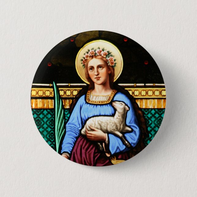 Badge Rond 5 Cm St Agnès de Rome, tenant l'agneau et la palmette (Devant)