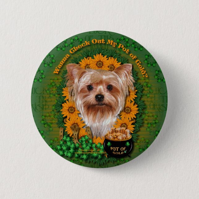 Badge Rond 5 Cm St patrick - pot d'or - Yorkshire Terrier (Devant)