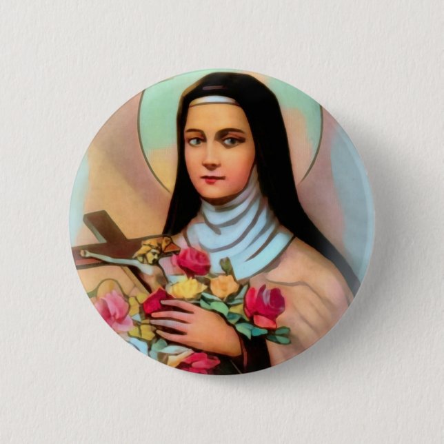 Badge Rond 5 Cm St Therese le petit crucifix de roses de fleur (Devant)