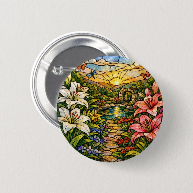 Badge Rond 5 Cm Stain Glass Lilies and Sunshine (Devant & derrière)