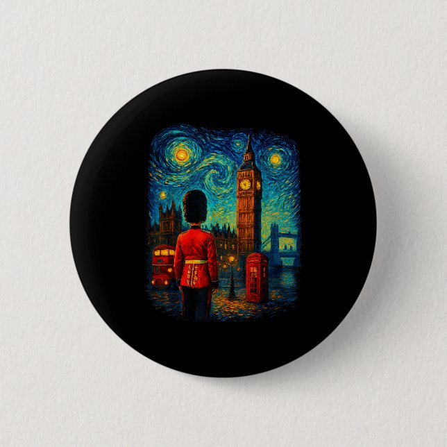 Badge Rond 5 Cm Starry Night London Red Telephone Box Queen's Guar (Devant)