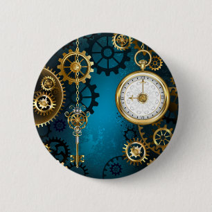 Badge Rond 5 Cm Steampunk Arrière - plan turquoise avec Gears