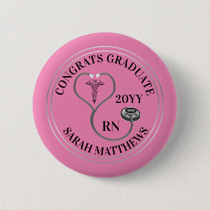 Badge Rond 5 Cm Stethoscope Caduceus RN Congrats Graduate - Pink B