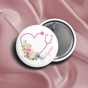 Badge Rond 5 Cm Stethoscope rose Floral Coeur Infirmière Médicale