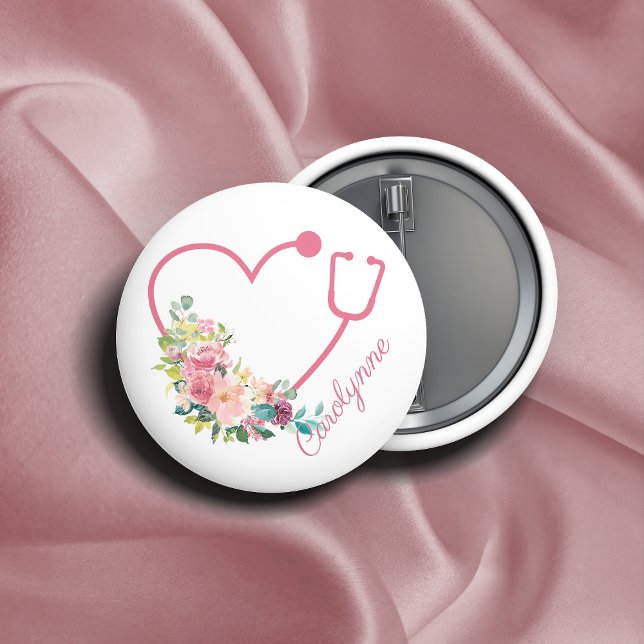 Badge Rond 5 Cm Stethoscope rose Floral Coeur Infirmière Médicale (Créateur téléchargé)