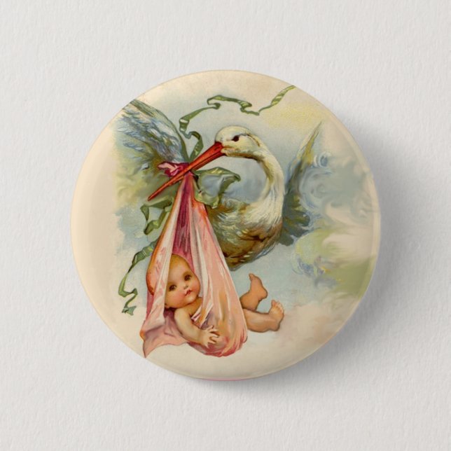 BADGE ROND 5 CM STORK BABY SHOWER FILLE ROSE (Devant)