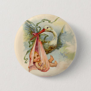 BADGE ROND 5 CM STORK BABY SHOWER FILLE ROSE