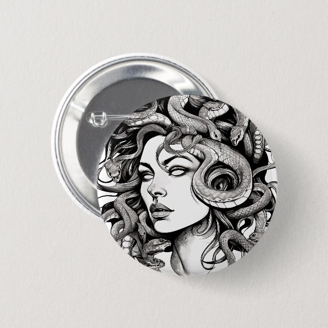Badge Rond 5 Cm Style de tatouage de tête Medusa (Devant & derrière)