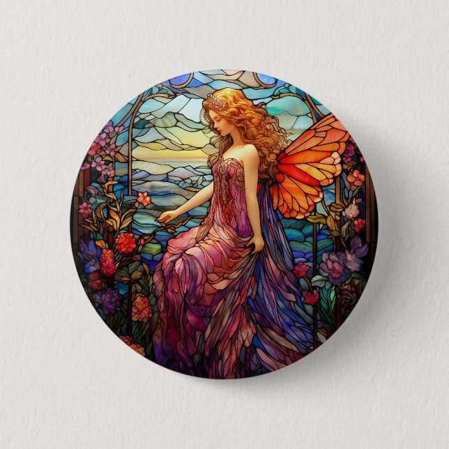 Badge Rond 5 Cm Style Tiffany Vitrail Verre magique Fée (Devant)