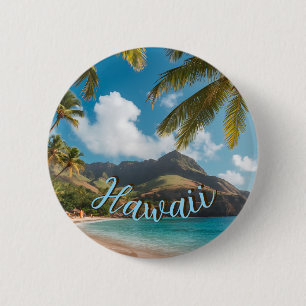 Badge Rond 5 Cm Style Vintage Hawaïen Palmiers Mer Bleu Ciel Voyag