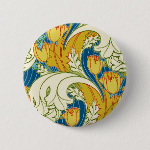 Badge Rond 5 Cm Style William Morris Tulle Floral Teinte Sarcelle