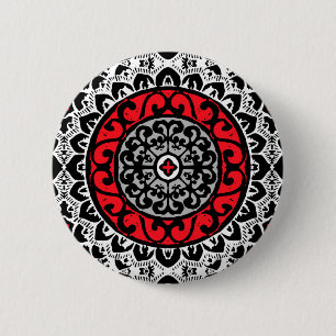 Badge Rond 5 Cm Sud-Ouest du Sun Mandala Batik, Rouge, Noir et Bla