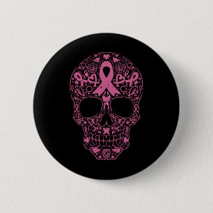 Badge Rond 5 Cm Sugar Crâne rose Ruban Calavera Cancer du sein Awa